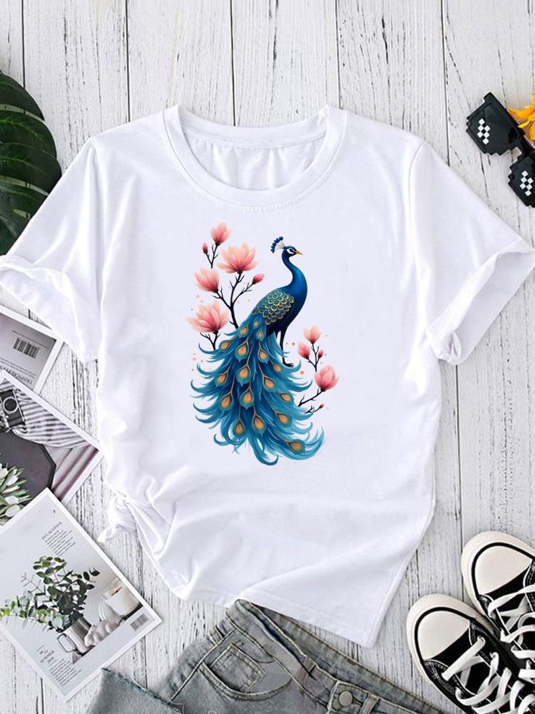 (Asian Size) Tee Fashion Print Casual Top O-neck Short Sleeve T-shirts Sweet Flower Style 90s T Graphic Female Women's Clothing