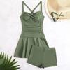 Women Sexy Swim Skirt Set Beach Tankini Pleated Two Piece Swimsuit Set Solid Color Beach Bottoms Shorts Sets Bathing Suits