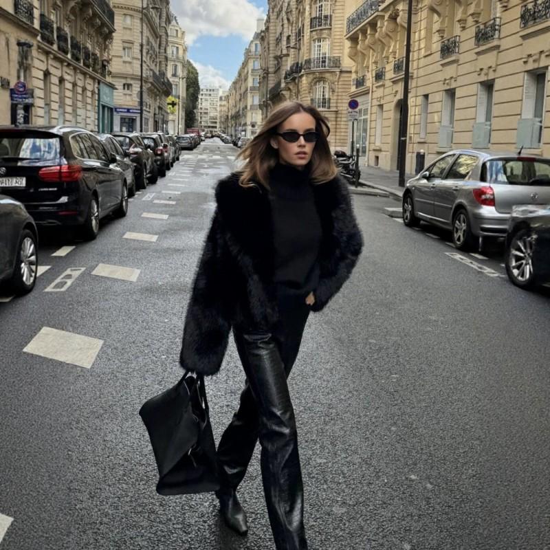 Cappotto Donna Corto in Finta Pelliccia di Volpe Collo a Sciarpa Vestibilità Larga Autunno Inverno Moda Capospalla
