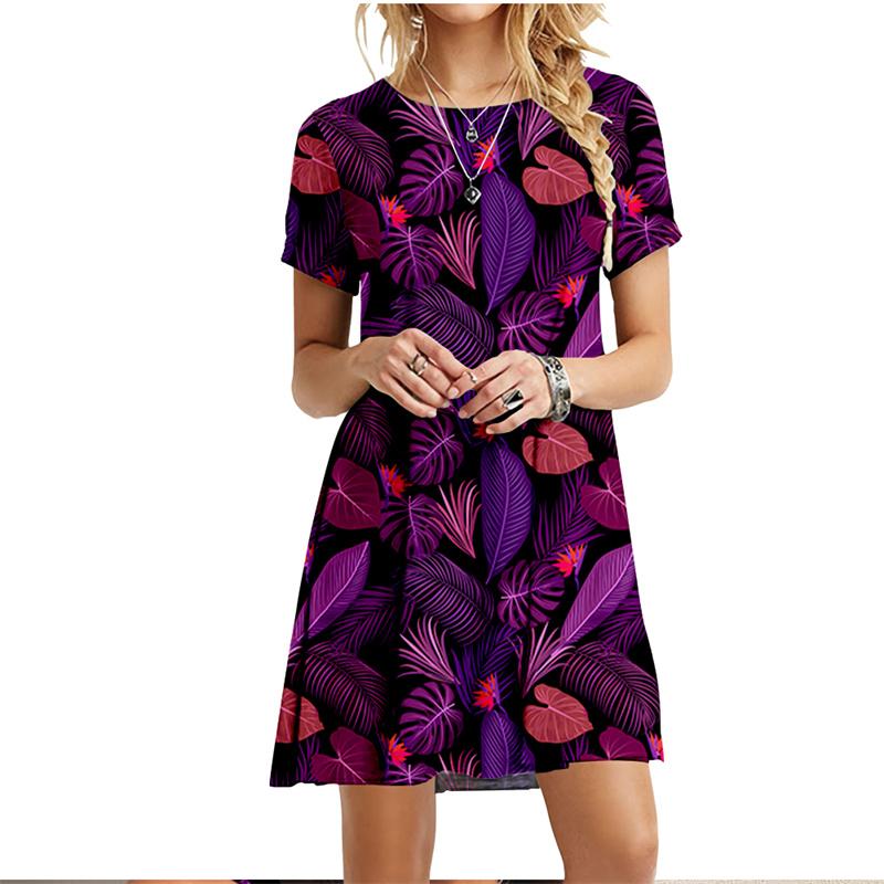S-6XL Plus Size Dresses For Summer Women Beach Dress Palm Leaves Feather Print Dress Streetwear Casual Loose Ladies Dress