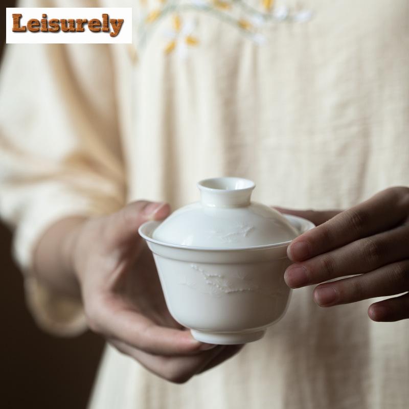 120ml ručně vyráběná reliéfní bambusová gaiwan starověká bílá porcelánová čajová mísa domácí čajový obal na misku čajová souprava řemeslné vybavení