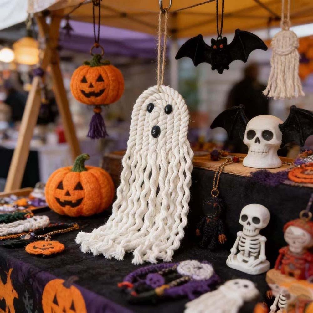 Cute Expression Woven Ghost Tapestry Woven Craft Cotton Rope Pendant Bat Wall Decor Home Party