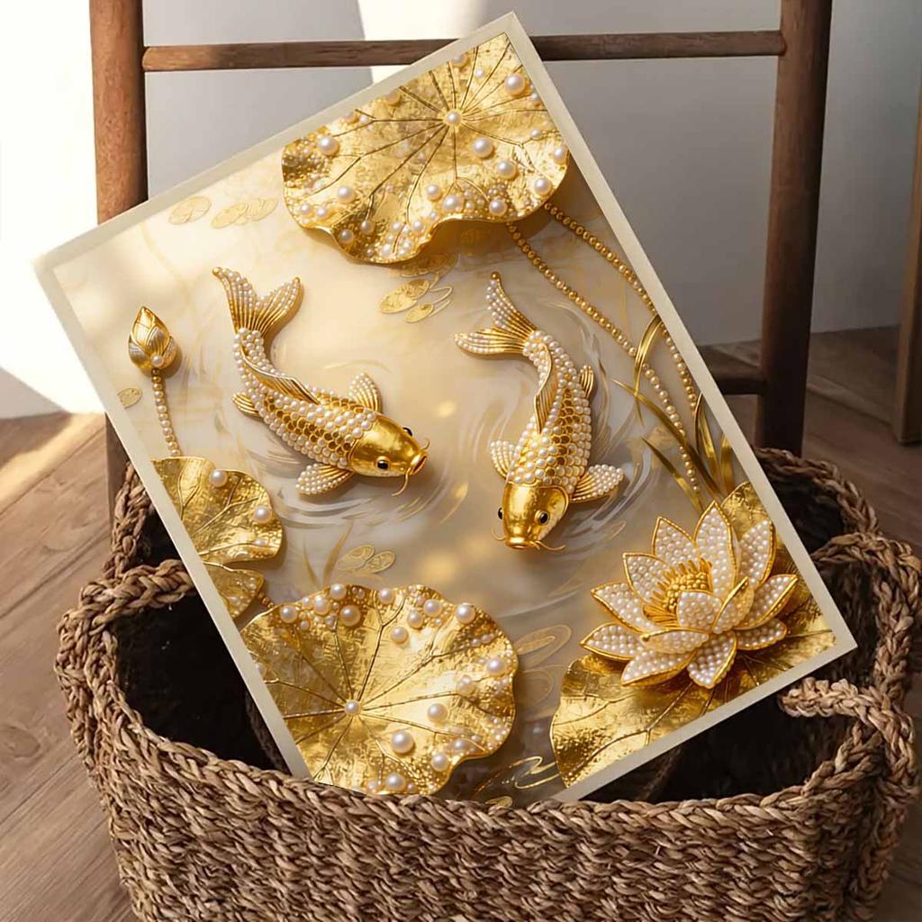 Crystal Pearl Painting 5D DIY Frame Decoration Painting Golden Koi Fish Home Wall Decoration Transparent Pearl Gemstone Painting Picture Art Crafts