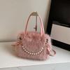 Yogodlns Winter Fashion Faux Fur Crossbody Bags for Women's Gift, Pearl Chain Decor Shoulder Bag, Ladies Handbags Top-handel Bag