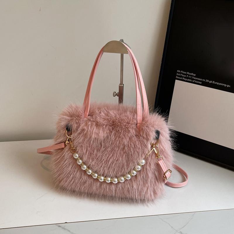 Yogodlns Winter Fashion Faux Fur Crossbody Bags for Women's Gift, Pearl Chain Decor Shoulder Bag, Ladies Handbags Top-handel Bag