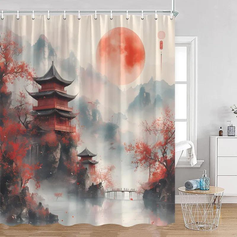 Japanese Style Flowers Bird Shower Curtain Beautiful Girl Red Floral Abstract Mountain Ink Art Landscape Decor Bathroom Curtains