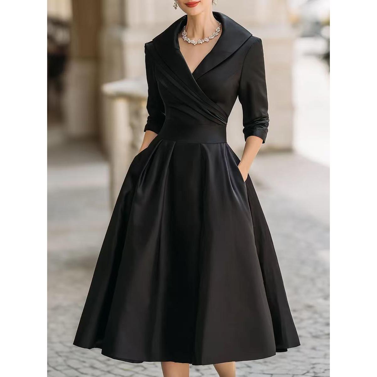 Women s Elegant Long Sleeve Waist Cinched Maxi Dress Formal Slimming Dress European American Style S чёрный