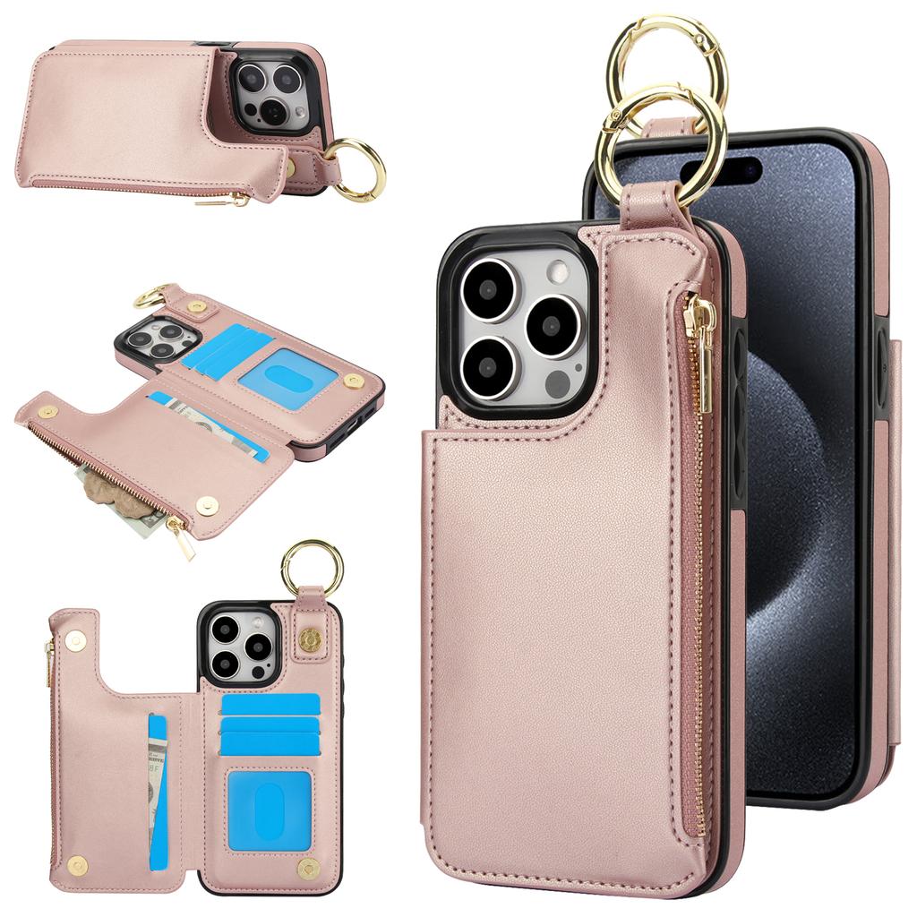 Zipper Cards Solt Wallet Ring Holder Leather Case For iPhone 16 Pro Max 15 Plus 14 13 12 11 Double Buckle Magnetic Rfid Cover
