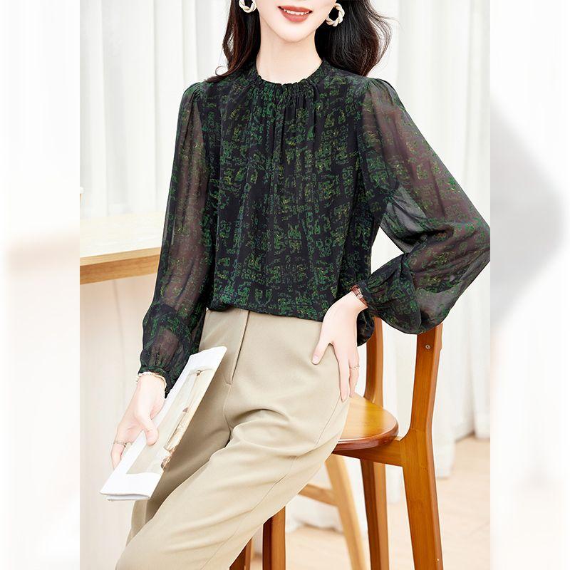 

Весна-осень, новый стиль, свободная рубашка с воротником-стойкой и принтом, модный простой топ с длинным рукавом для женщин L темно-зеленого