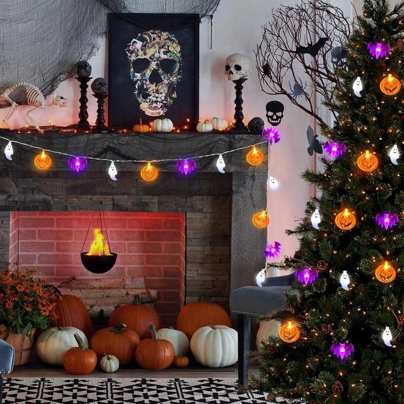 Halloween String Lights with Timer 20 LED Ghost Bat Pumpkin Light 8 Lighting Modes Waterproof for Halloween Party Decor 3 Meters
