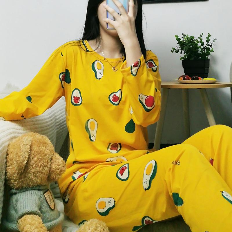 Women's Korean Style Pajama Set: Long Sleeve, Round Neck, Cute Cartoon Print, Comfortable for Spring & Autumn