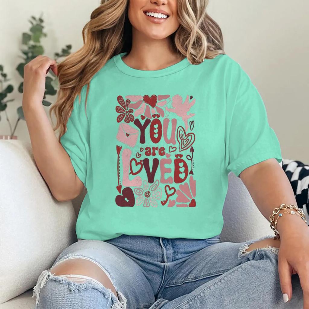 You Are Loved Graphic T Shirts Women Boho Valentine Floral Design Womens Clothing Valentines Day Heart Coquette Retro Tee Top