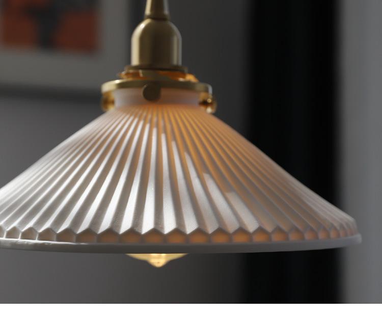 Nordic Inspired Japanese Brass & Pleated Ceramic Pendant Lamp for Restaurant, Bedroom or Dining Table