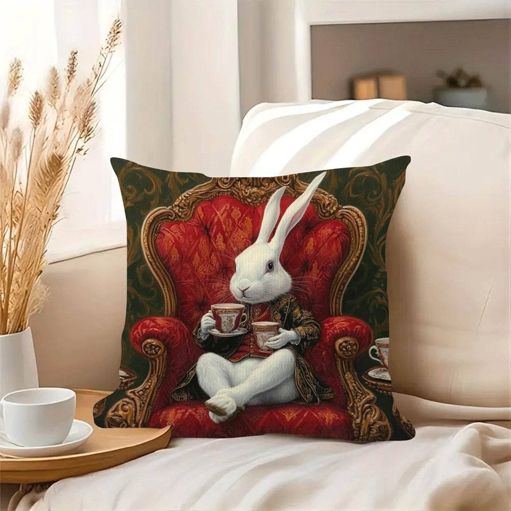 1Pc Vintage Gentleman Rabbit Tea Time Throw Pillow Cover,Suitable For Sofa,Bedroom,Living Room,A Retro Gift For Rabbit Lovers