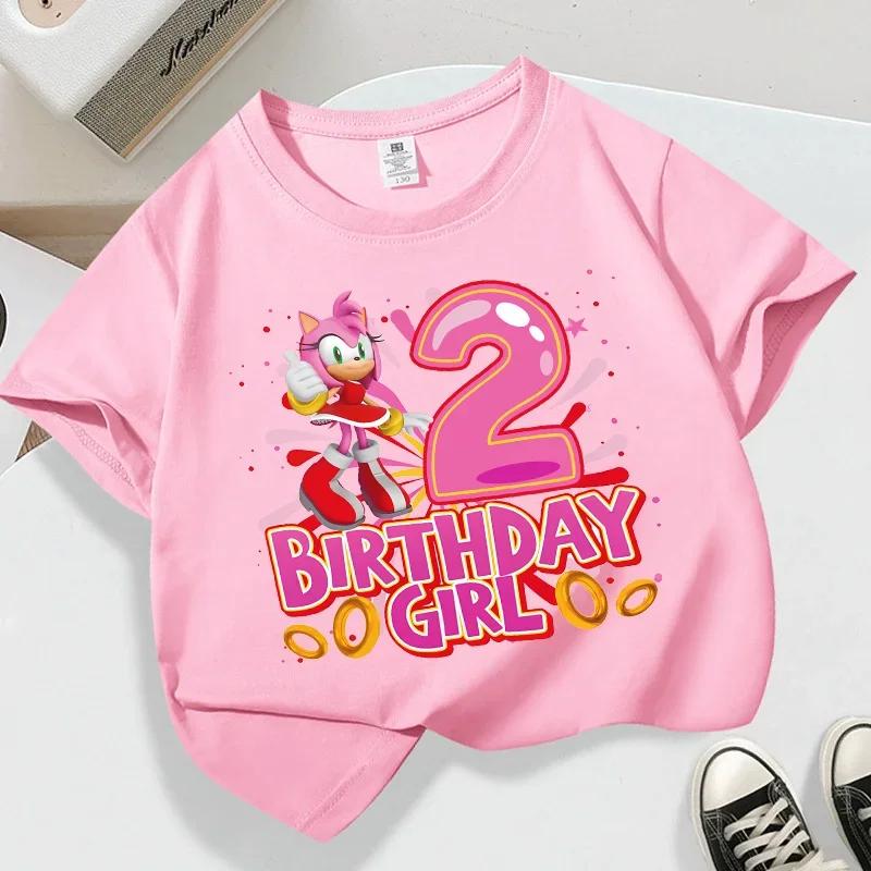 Summer Breathable T-shirts Short Sleeves Shirt Gift Sonics New Pink T-shirt for Girls Birthday Number 1-9 Cute Cartoon White Tee