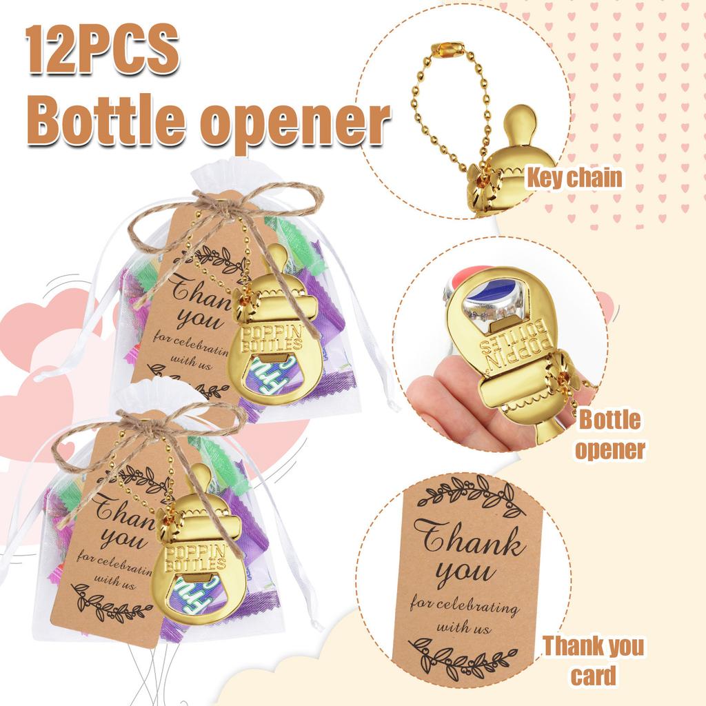 12 Pieces Feeder Keychains Bottle Openers for Baby Shower Souvenirs with Thank You Label Handmade Gift for Guests