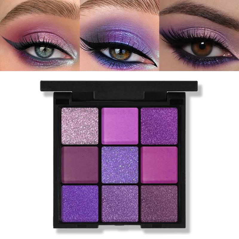 9-Farben Lidschattenpalette Glitzer Perlmutt Matt Lidschatten Schimmer Make-up Lang anhaltend Frauen Schönheit Augenkosmetik Lila Rot