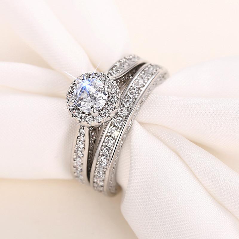 925 Sterling Silver 2pc Gorgeous Rings Set for Women Paved Brilliant Cubic Zirconia Wedding Engagement Bridal Jewelry