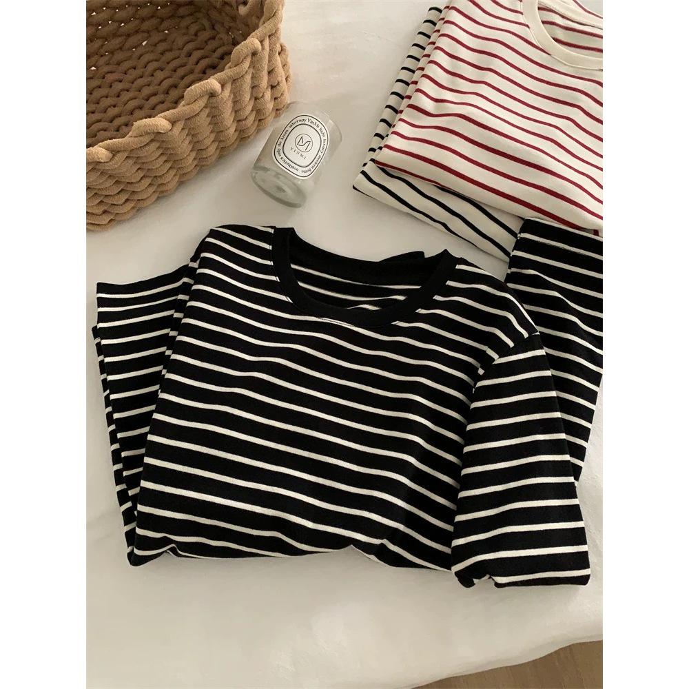 Korean Style Plus Size Striped Round Neck Long Sleeve T-shirt for Women - Autumn Winter Casual Loose Pullover
