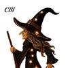Vintage Theme Party Prop Halloween Witch Figurine with Star Light, Resin Tabletop Nightlight Lantern, Rustic Festive Desk Accessory Wizard Hat