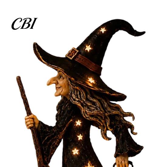 Vintage Theme Party Prop Halloween Witch Figurine with Star Light, Resin Tabletop Nightlight Lantern, Rustic Festive Desk Accessory Wizard Hat