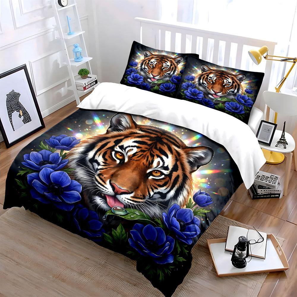 Tiger with Blue Flowers Art Bedding Duvet Cover Set (1*Duvet Cover 2*Pillowcases, Without Duvet Insert)