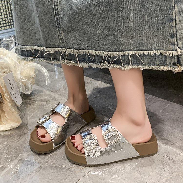 

Slippers 2025 summer new fashion one-word slippers versatile casual drag huge good-looking thick-bottomed rhinestone cool slippers women 40