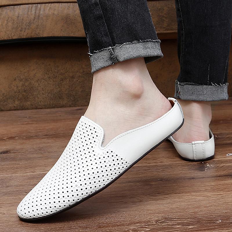 Leather Men Loafers Summer Lightweight Half Shoes For Men Outdoor Handmade Designer Mules Moccasins Beach Slippers Plus Size 45