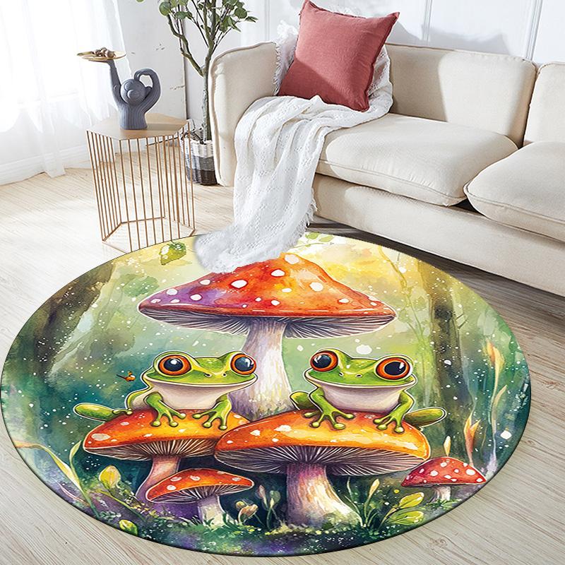 Frog Toad Mushroom Round Area Rug,Carpet Rug for Living Room Bedroom Sofa Playroom Decor,Non-slip Floor Mat