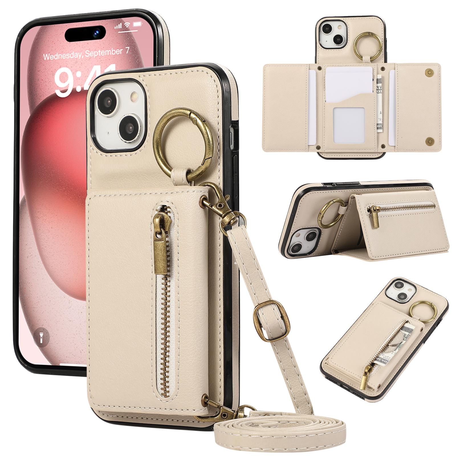

For iPhone 15 Leather Back Cover Zipper Wallet Kickstand Phone Case with Shoulder Strap A