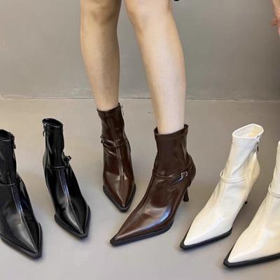 Neuer Stil Luxus Damenmode Kurzer Plüsch Damen Stiefeletten Spitzschuh Damen Elegante Pumps Schuhe Dünner Hoher Absatz Kurze Stiefel