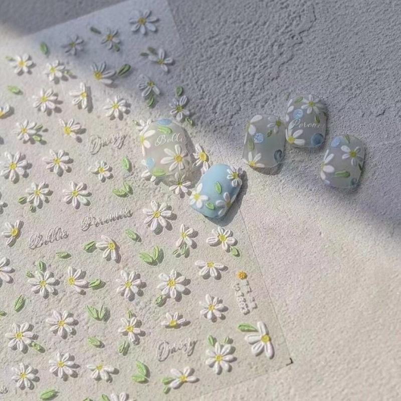1Sheet 5D Soft Embossed Relief Nail Stickers Cute Daisies Self Adhesive Slider Stickers Press On Nails DIY Nail Art Dec