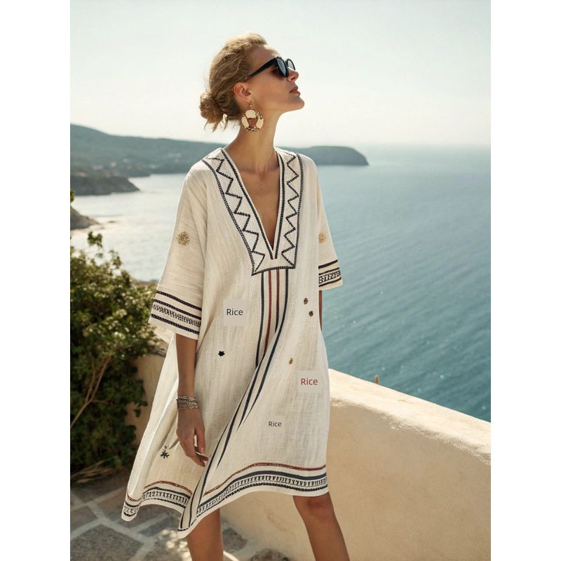 New Amazon Women's Clothing Super Fairy V-Neck Dress Seaside Vacation Beach Dress Printed Loose Mid-Length Dress