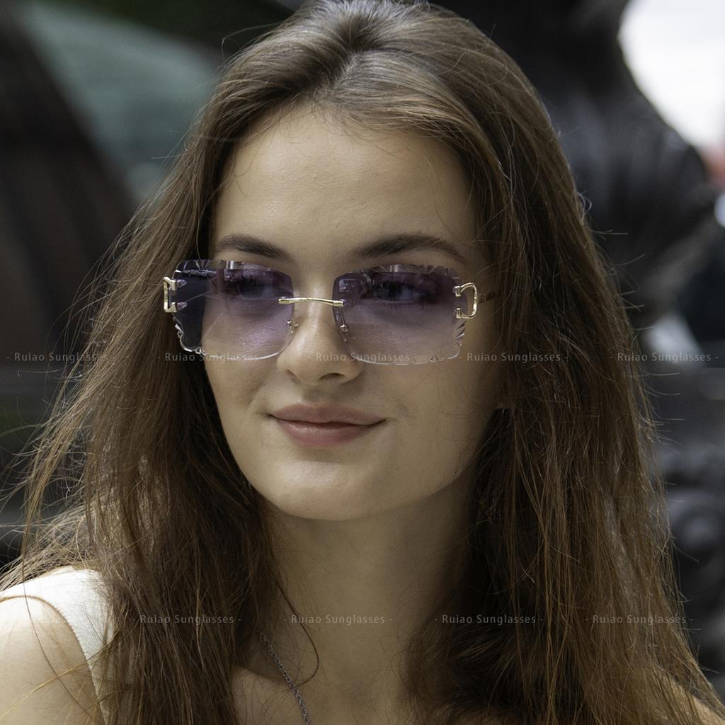 Ruiao Luxury High Quality Rimless Diamond Cut Nylon Lens UV400 Sunglasses Fashion Square Metal Legs Glasses for Men Women