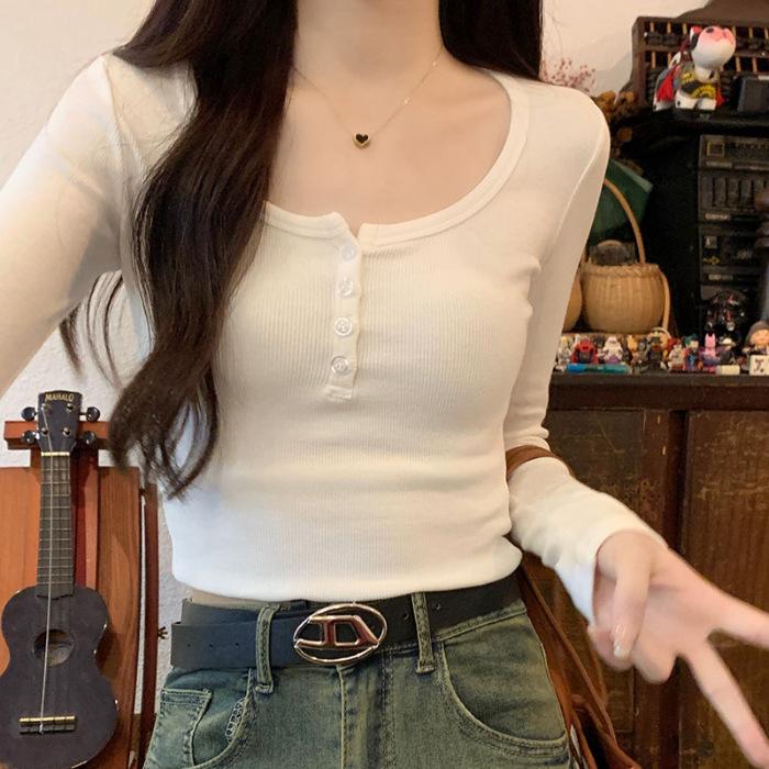 Reines Verlangen U-Ausschnitt T-Shirt Damen Vorderseite Schulter Langarm Herbst Slim Fit Vielseitig und dünn Halboffener Ausschnitt Unterhemd Oberteil Damen