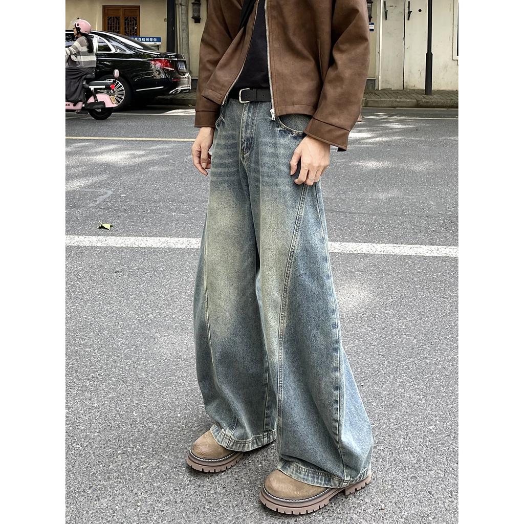 American retro scimitar pants heavy industry washed jeans vibe loose wide-leg pants niche design sense ruffian handsome trousers
