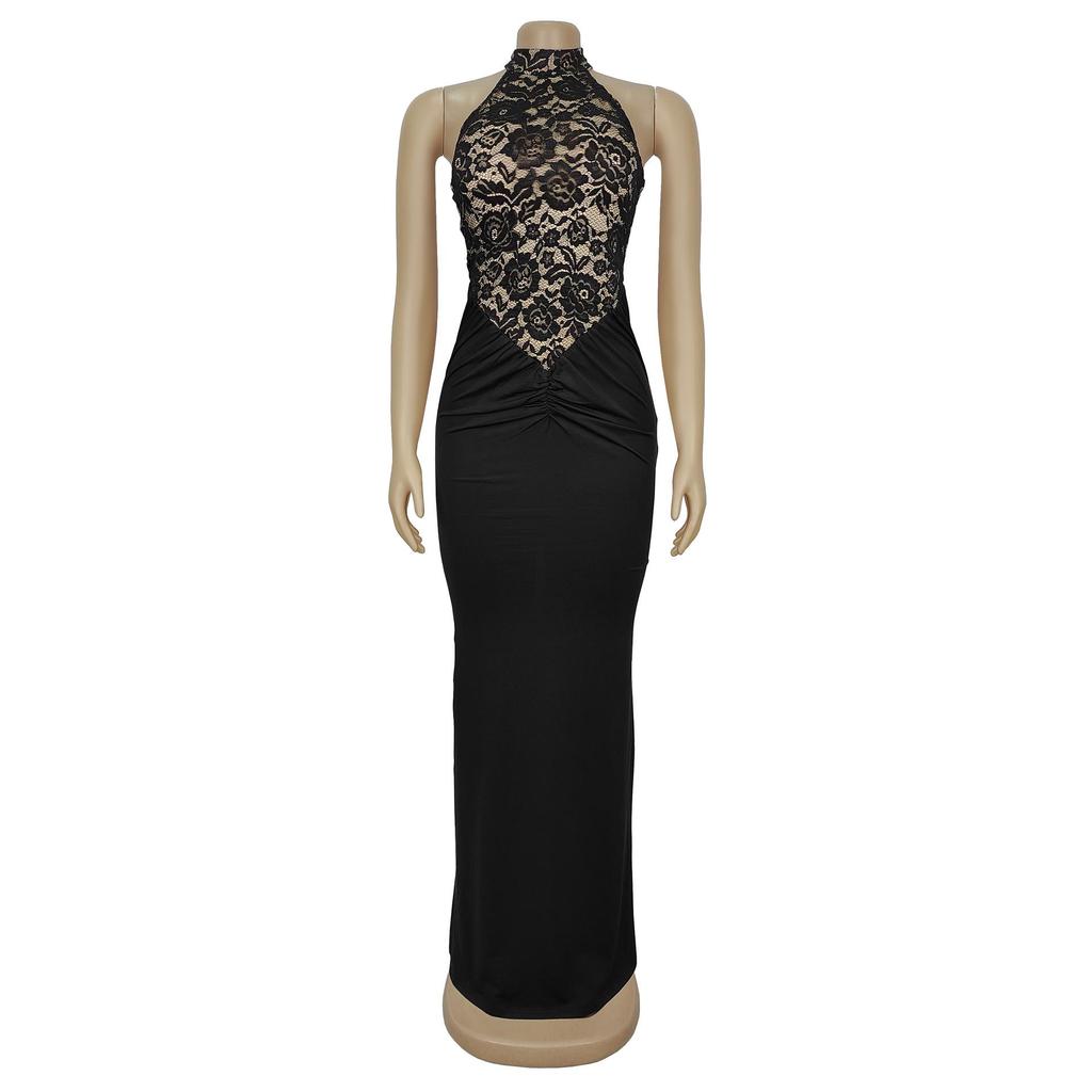 Women's Sexy Halter Lace Sleeveless Split Dress - European/American Fashion