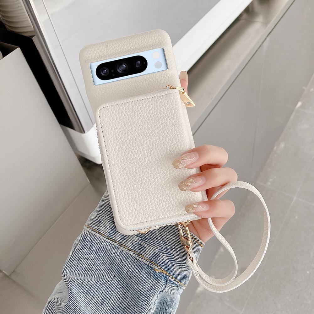 For Google Pixel 8 Pro Case Zipper Card Slots PU Leather Phone Back Cover with Wrist Strap