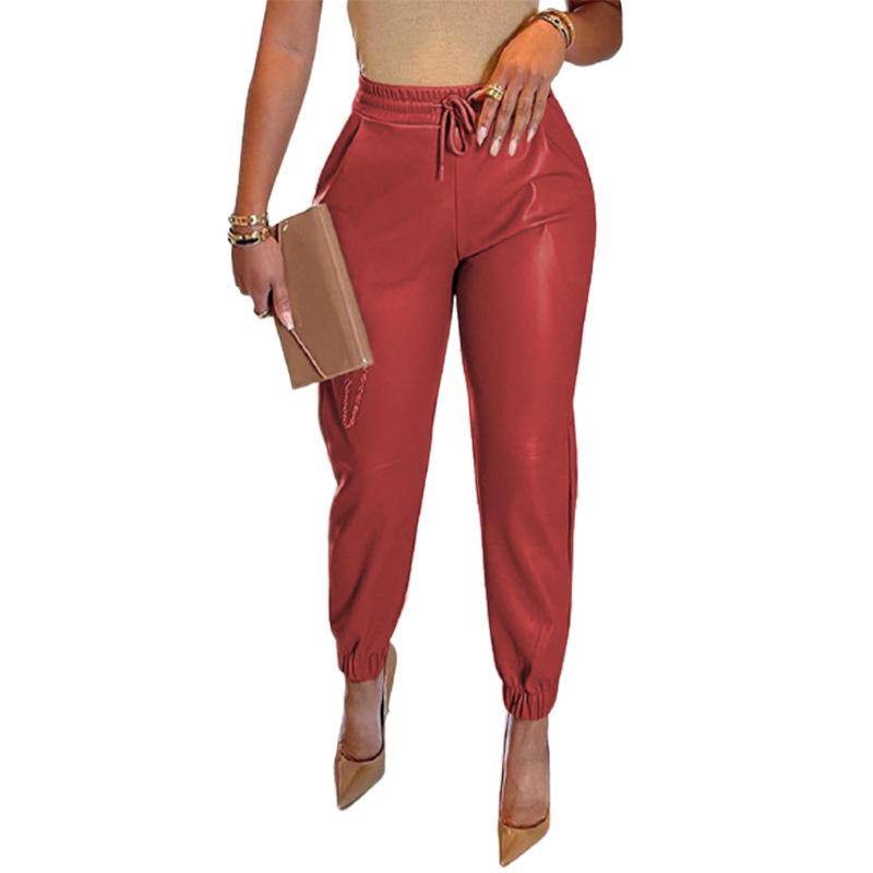 Damenmode Einfarbig Kordelzug Tasche PU-Leder Lässige Mode Kordelzug Lederhose Hose Damen