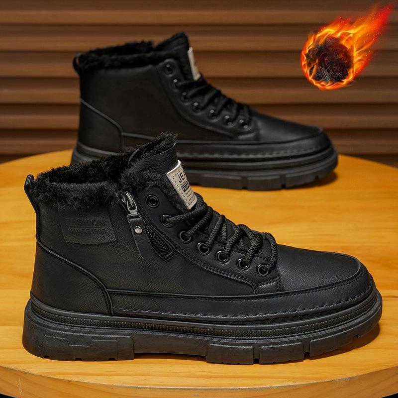 Winter Plush Thicken Men Cotton Shoes Non Slip Comfortable Warm Leather Shoes Fashion Lace Up Zipper Height Increase Short Boots