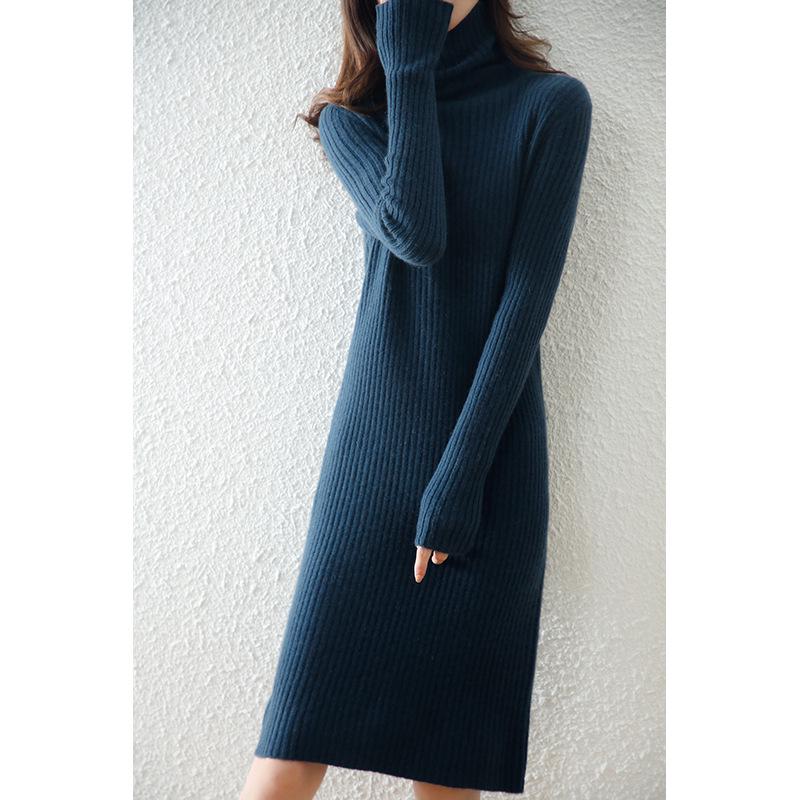 2022 Autumn/Winter Wool Slim Fit Striped A-Line Dress with Pile Collar for Women, Medium Length