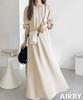 Half Zip Maxi Length Long Retro Room Body Office Adult Beige [Air Buy] Dress, Long, Beautiful, Casual, Simple, Autumn, Winter, Elegant, Sleeve,