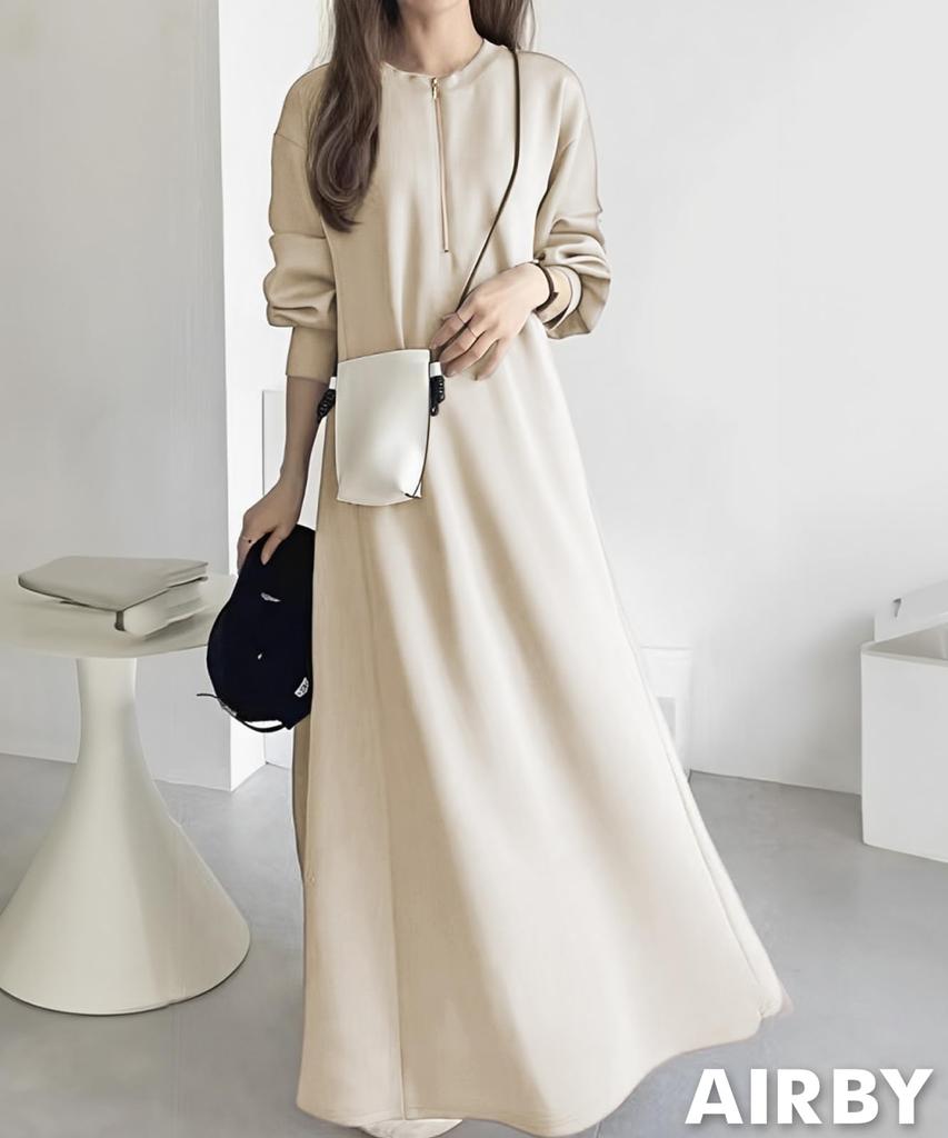Half Zip Maxi Length Long Retro Room Body Office Adult Beige [Air Buy] Dress, Long, Beautiful, Casual, Simple, Autumn, Winter, Elegant, Sleeve,