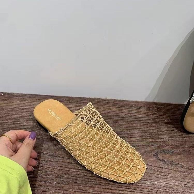 Niche Fishnet Woven Hollow Sandals Women's Summer New Fisherman Flat Bottom Round Head Bag Head Half Slippers