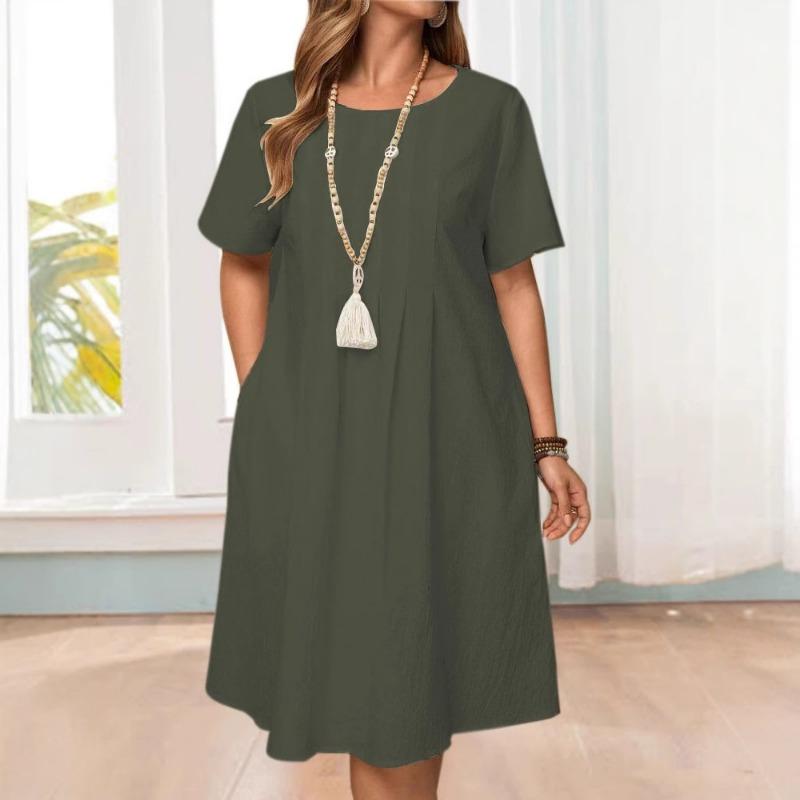 

Весенне-летнее ретро свободное платье из хлопка и льна с круглым вырезом для женщин 2XL армия зеленый