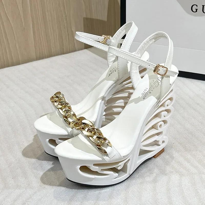15CM shaped metal buckle heels block heel super high heel platform hate sky high sandals