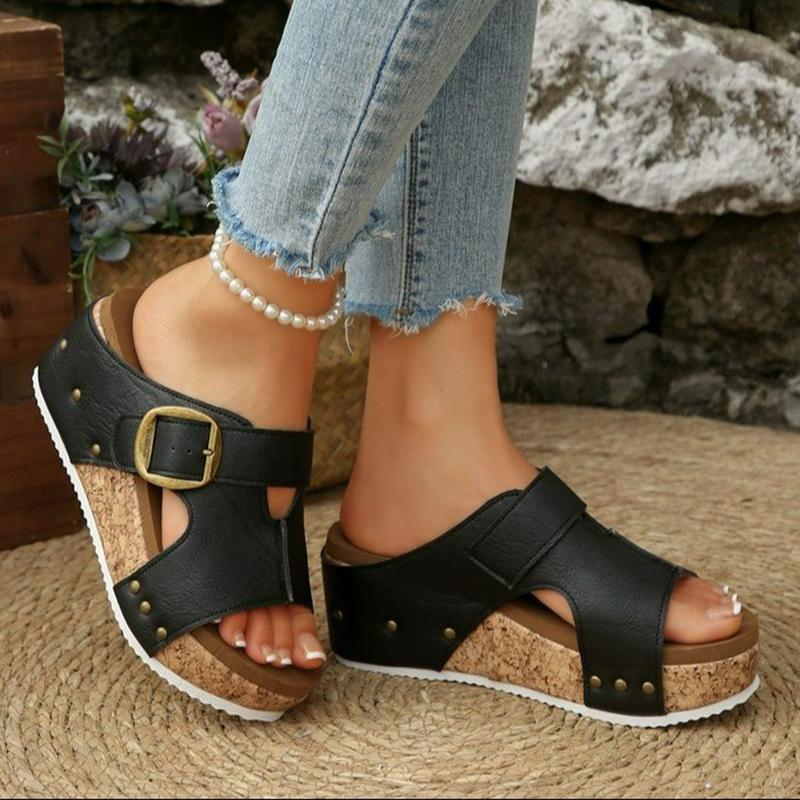 Fashion Women's Retro Buckle Wedge Sandals Women Comfort Peep Toe Slip On Platform Sandals Woman Thick Sole Rivet Decor Summer Slippers