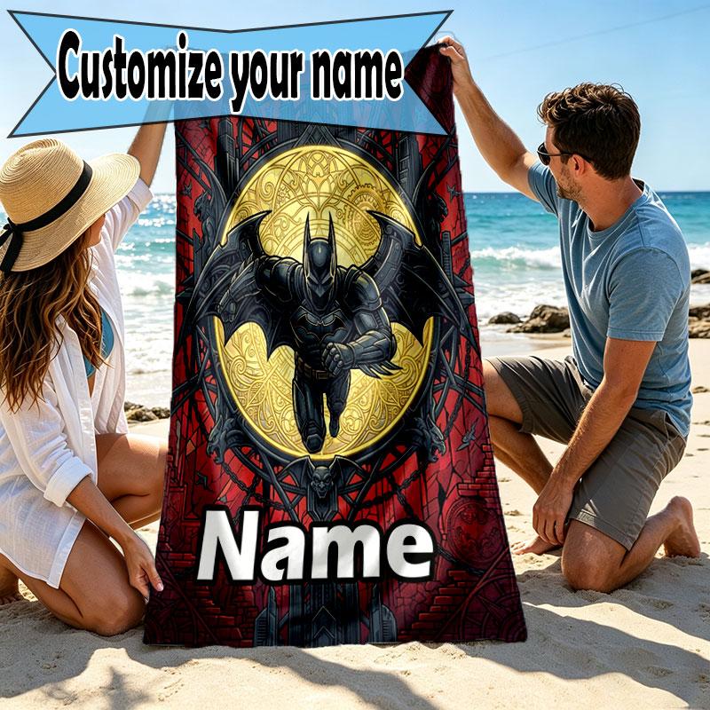 Custom Name Personalized Batman Print Beach Towel, for Trip Camping Beach Party Home Decor, Birthday Gift for Family & Friends