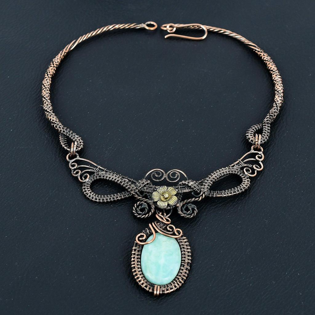 Amazonite Necklace Handmade Jewelry, 999 Copper Wire Wrapped Necklace Designer Gemstone Jewelry Adjustable Chain Necklace Gift For Mom