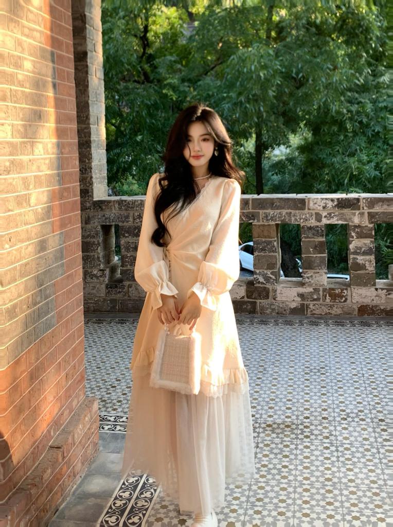 MODKOKU French Tulle Princess Cute Embroidered Floral Elegant Mori Girl Long Size M Women's Dress, Girl's Dress, Print, Cheongsam, Lace-Up Ruffles,